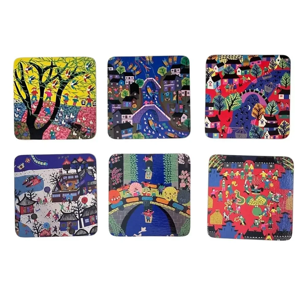 Haitang Coaster Set of 6 Colorful Asian Folk Art Cork 4” Square NIB Hostess Gift